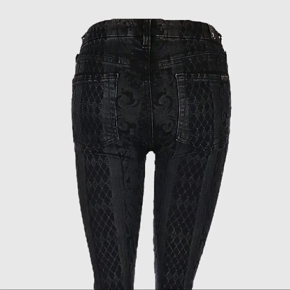 7 All Mankind Goth Victorian Print Black Skinny Jean 25 Low Rise Brocade Stretch